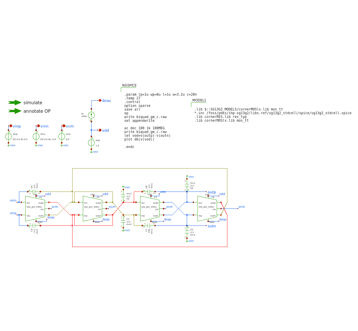 OTA design implemented in Xschem for gm-C filter integration.